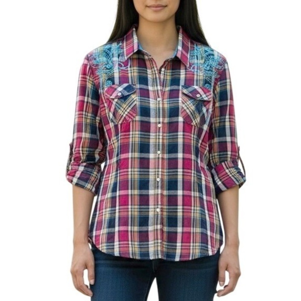 Rock & Roll Cowgirl Embroidered Plaid Pearl Snap Western Shirt XL Rhinestone